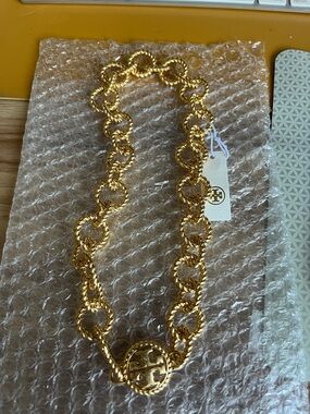 Tory Burch Twisted Gold-Link Necklace with Logo Medallion
